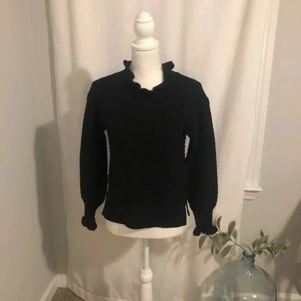 Madewell Black Ruffled Neck Merino Wool/ Cotton Ribbed Knit Pullover Sweater